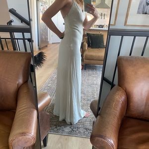 Satin Lovers & Friends slip dress. Light celery green, almost white. Revolve